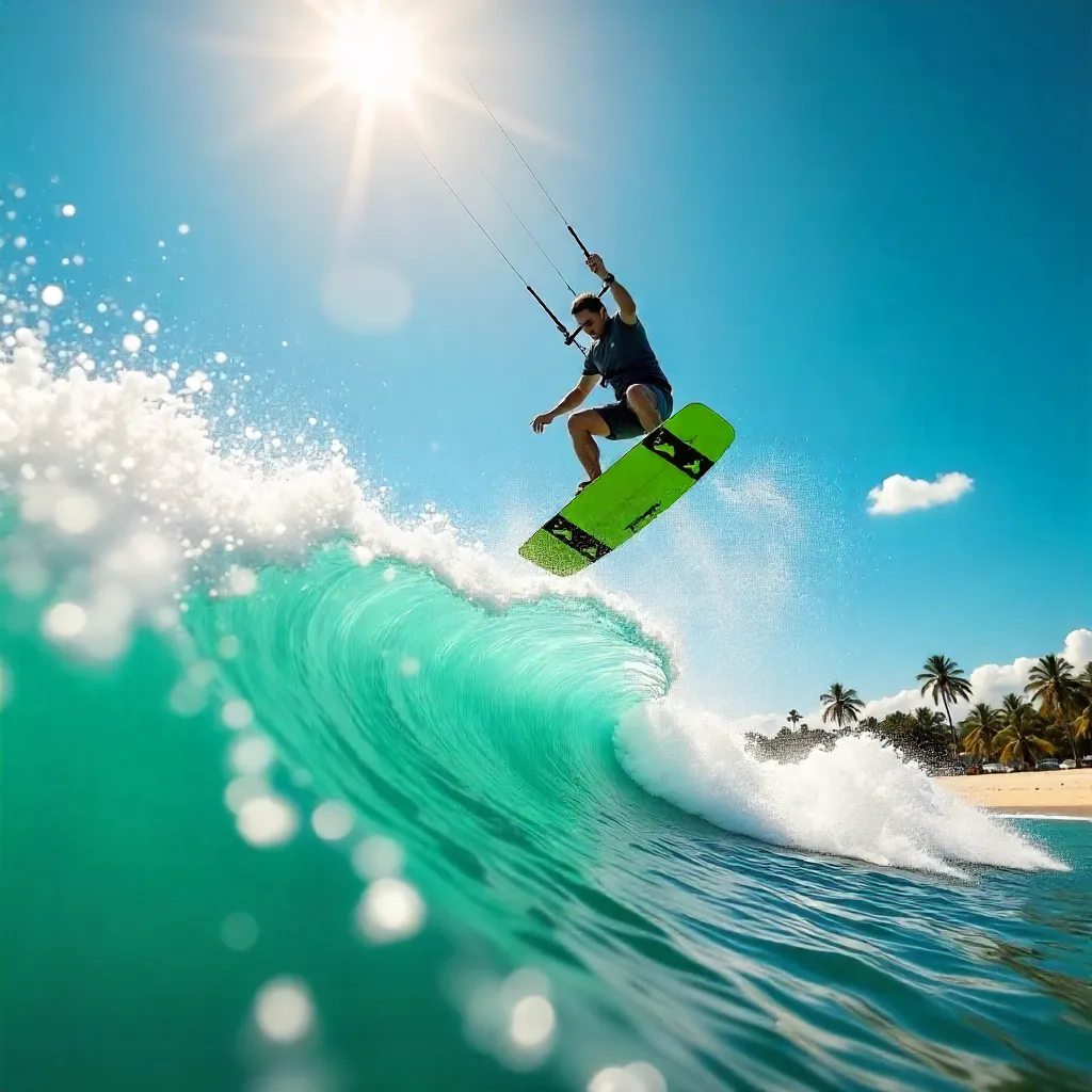 Soaring Kiteboarder Against a Vibrant Blue Sky