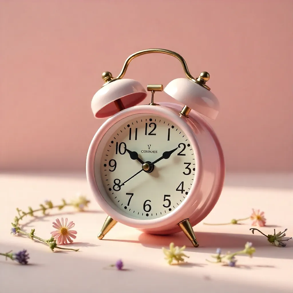 Pastel Pink Vintage Alarm Clock with Dried Flowers