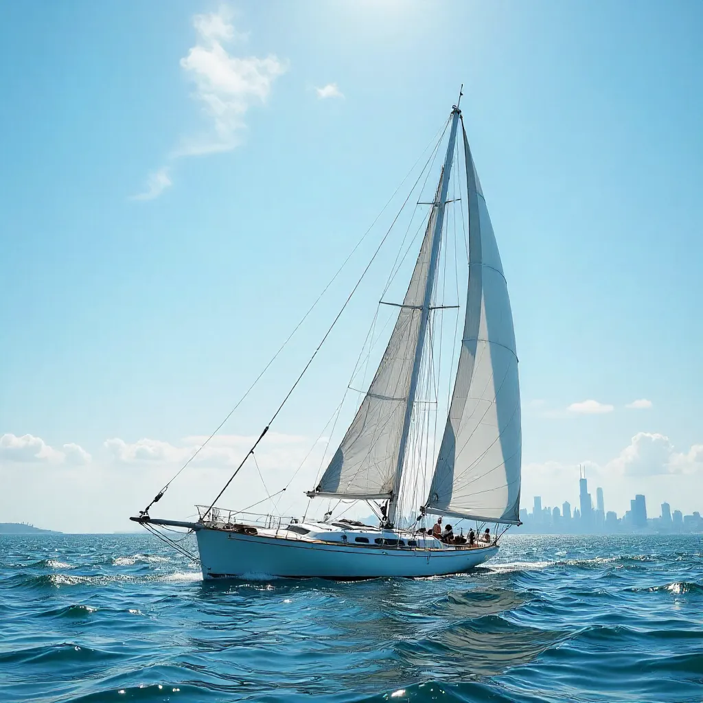 Sailboat Mast and Sails Over Chicago Sky