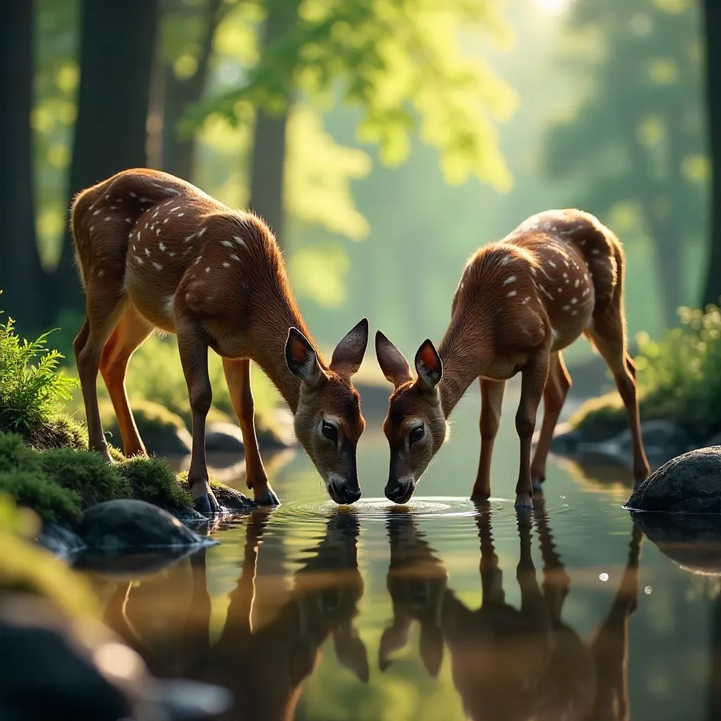 Two Deer Quenching at a Forest Watering Hole