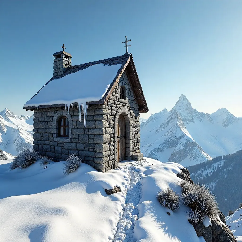 Snowbound Stone Chapel on Zugspitze