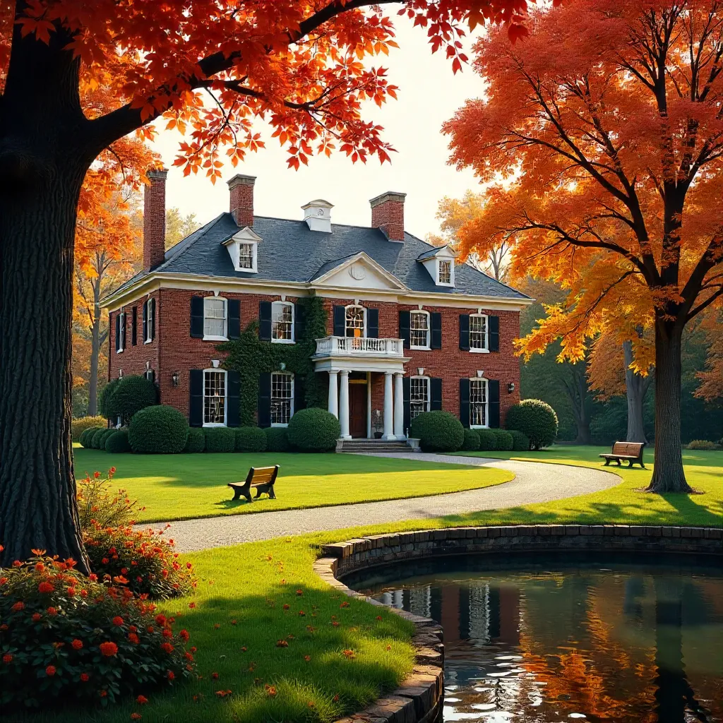 Autumn Grace: Brick Mansion Framed by Fall Trees