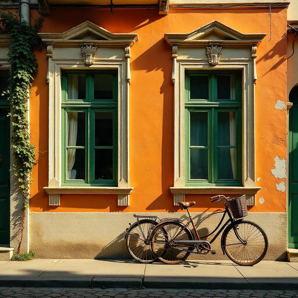 Orange Facade with Vintage Bicycle in European Street