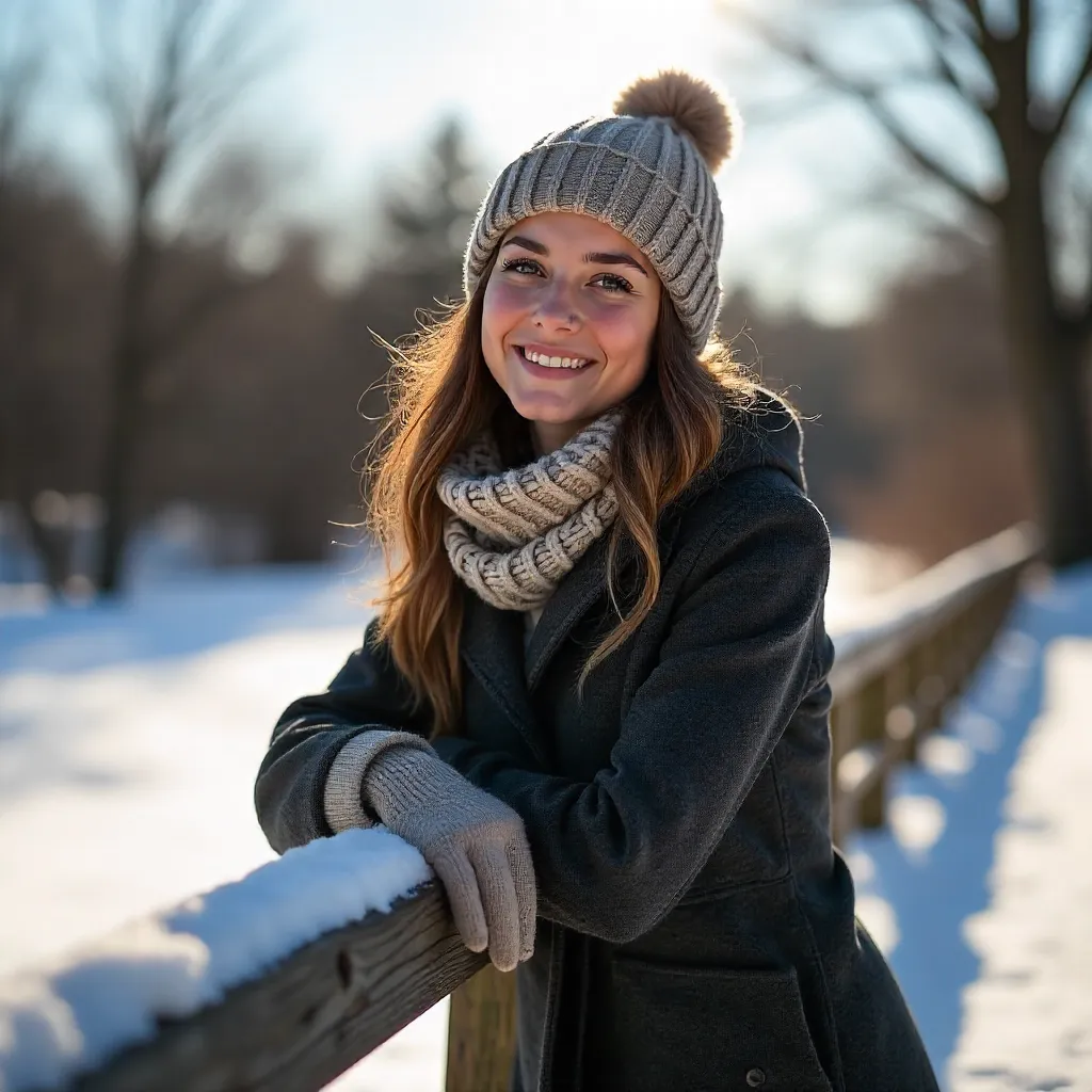 Sunny Winter Day: Woman Leaning on a Wooden Railing