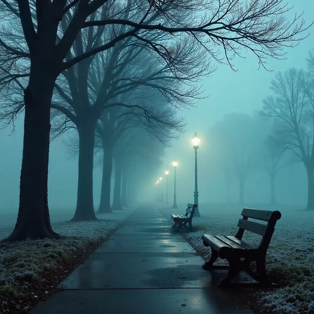 Foggy Winter Park: Empty Benches and Bare Trees