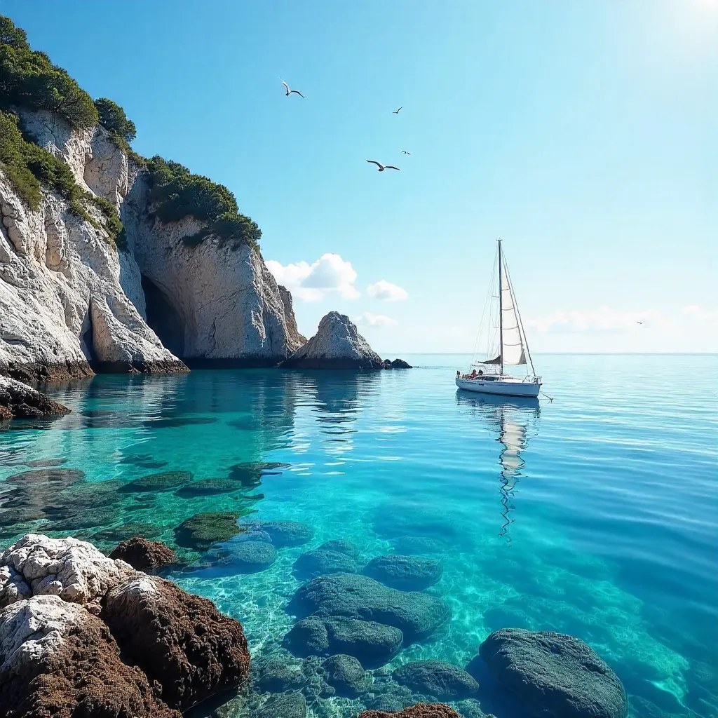 Tranquil Sailboat by Rocky Shore Under a Clear Sky