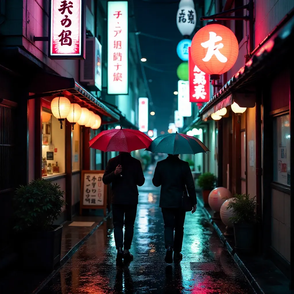 Umbrella Walk in Neon Tokyo Night Alley