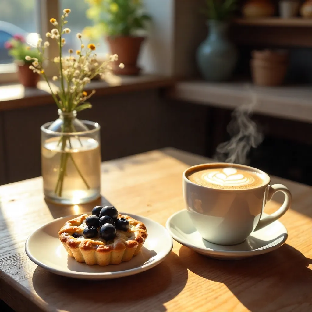 Cozy Café Scene: Tart, Latte, and Iced Coffee