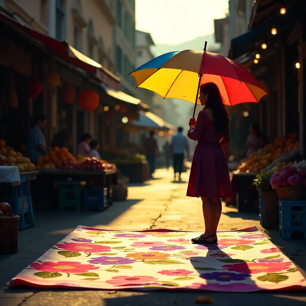 Vivid Umbrella Silhouette at a Market
