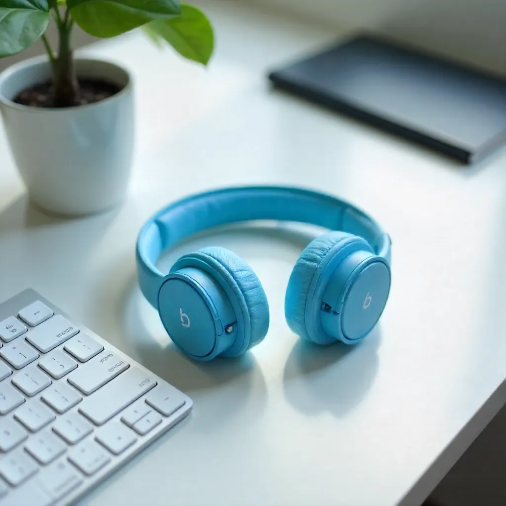 Modern Workspace: Blue Headphones and White Keyboard