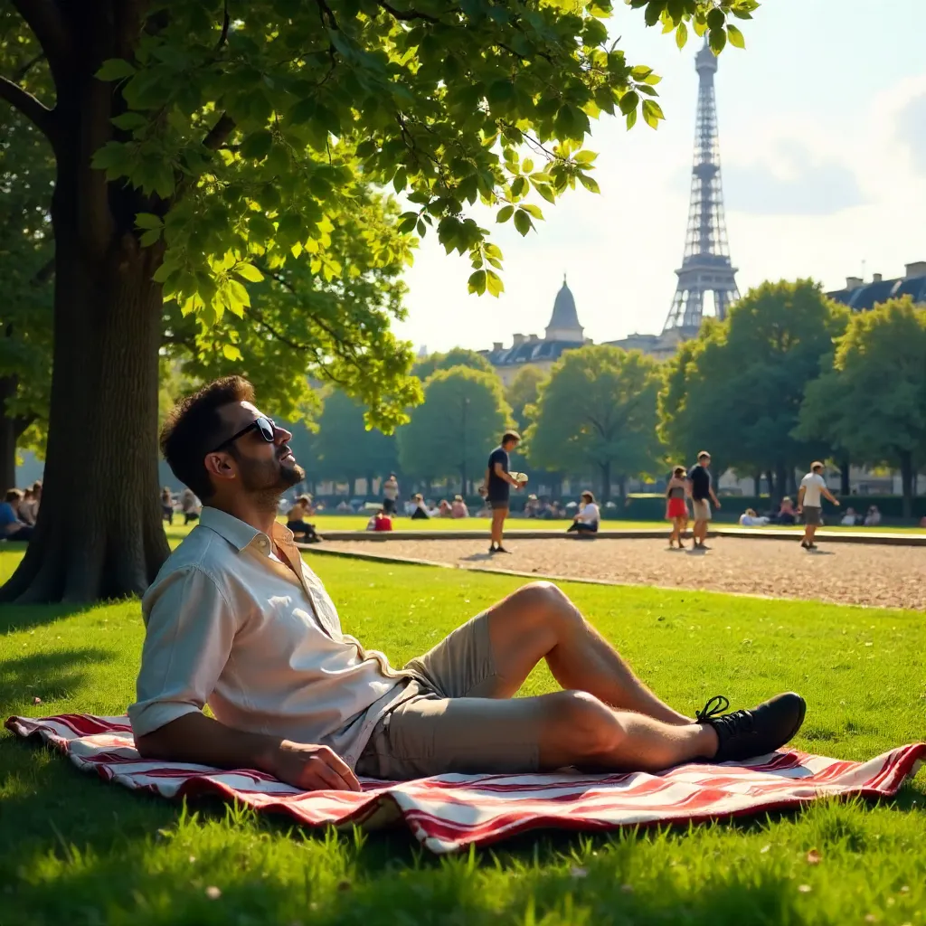 Parisian Park Serenity: A Relaxed Man and Pétanque