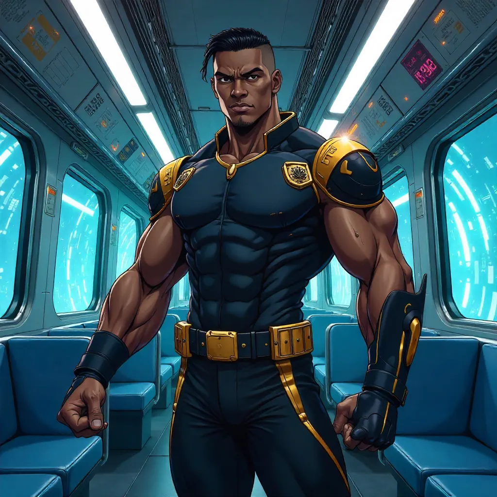 Strong Black Man in Anime Style on a Train