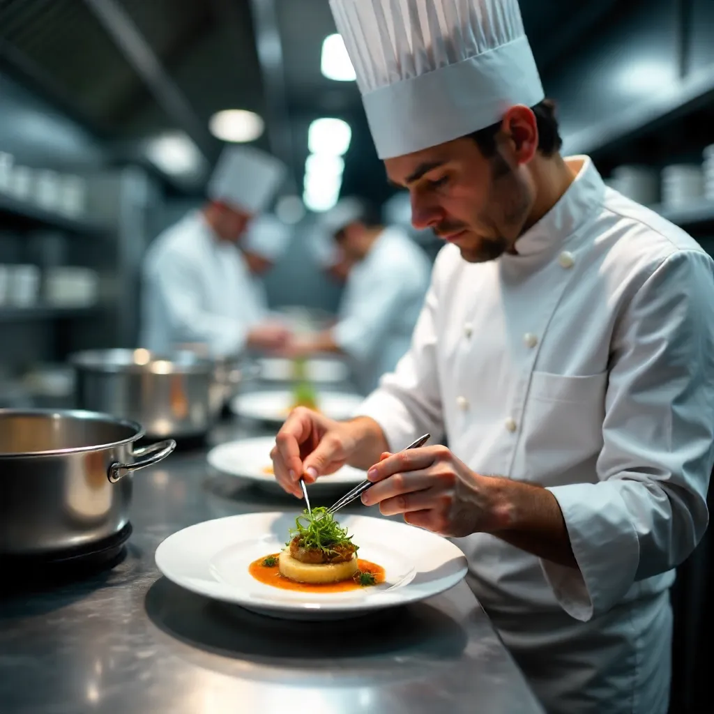 Precision Plating in a Pristine Restaurant Kitchen