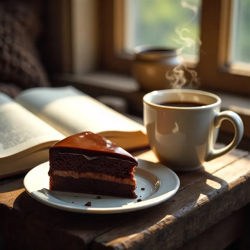 Cozy Chocolate Cake, Coffee, and Book for Relaxation