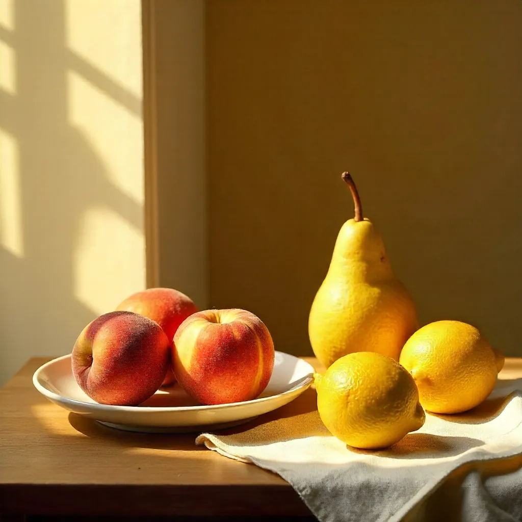 Sunlit Fruits: Peach, Pear & Lemon Still Life