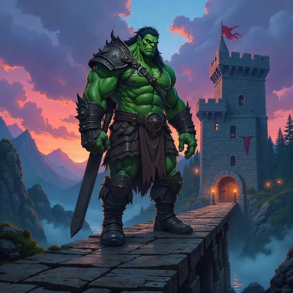 Orc on a Moonlit Drawbridge - Anime Style