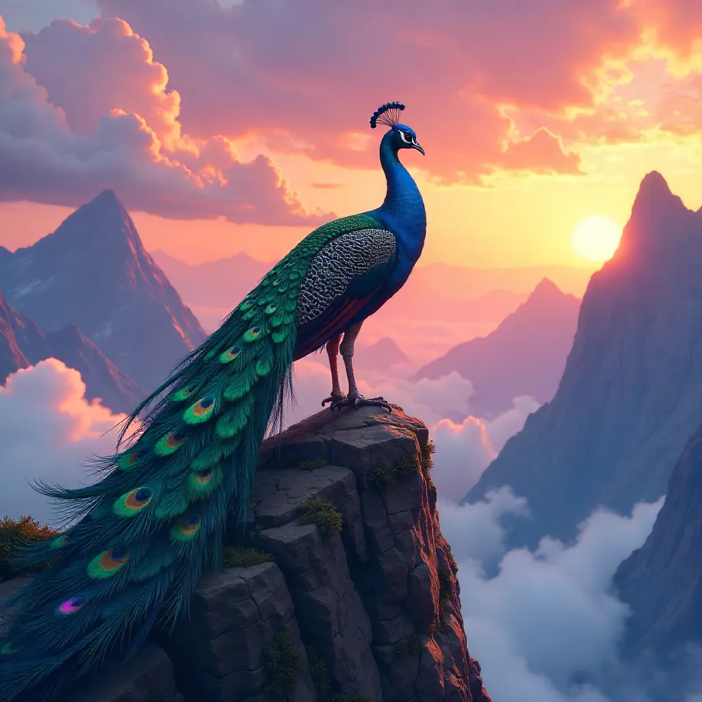 Anime Peacock on a Rugged Rocky Outcrop at Sunset