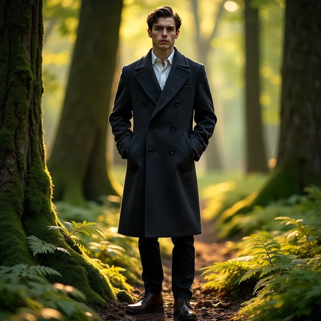 Elegant Youth in a Stylish Coat in the Forest