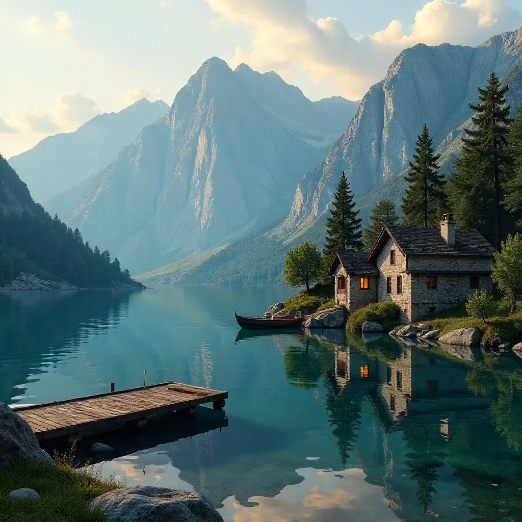 Serene Montenegro Lake at Dusk with a Cozy Mountain Cottage