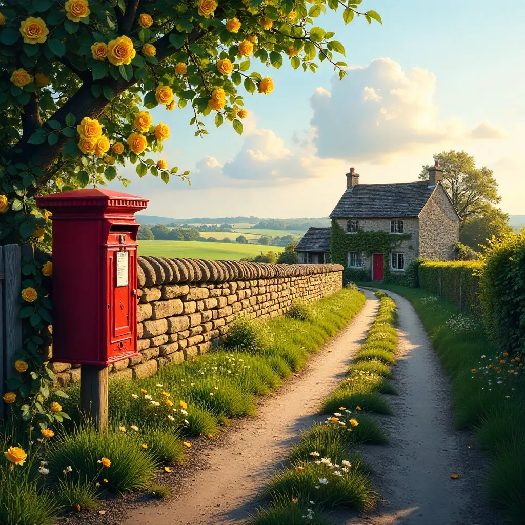 Charming Dolmans Farm: Red Postbox and Yellow Roses