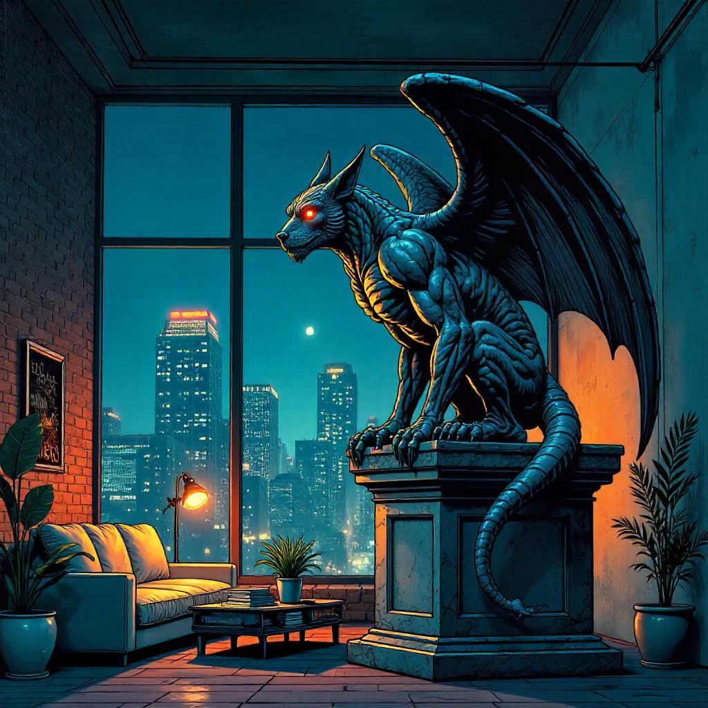 Gargoyle in a Comic-Book Loft Apartment