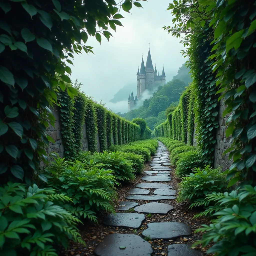 Walkway Through Lush Greenery to Distant Spires