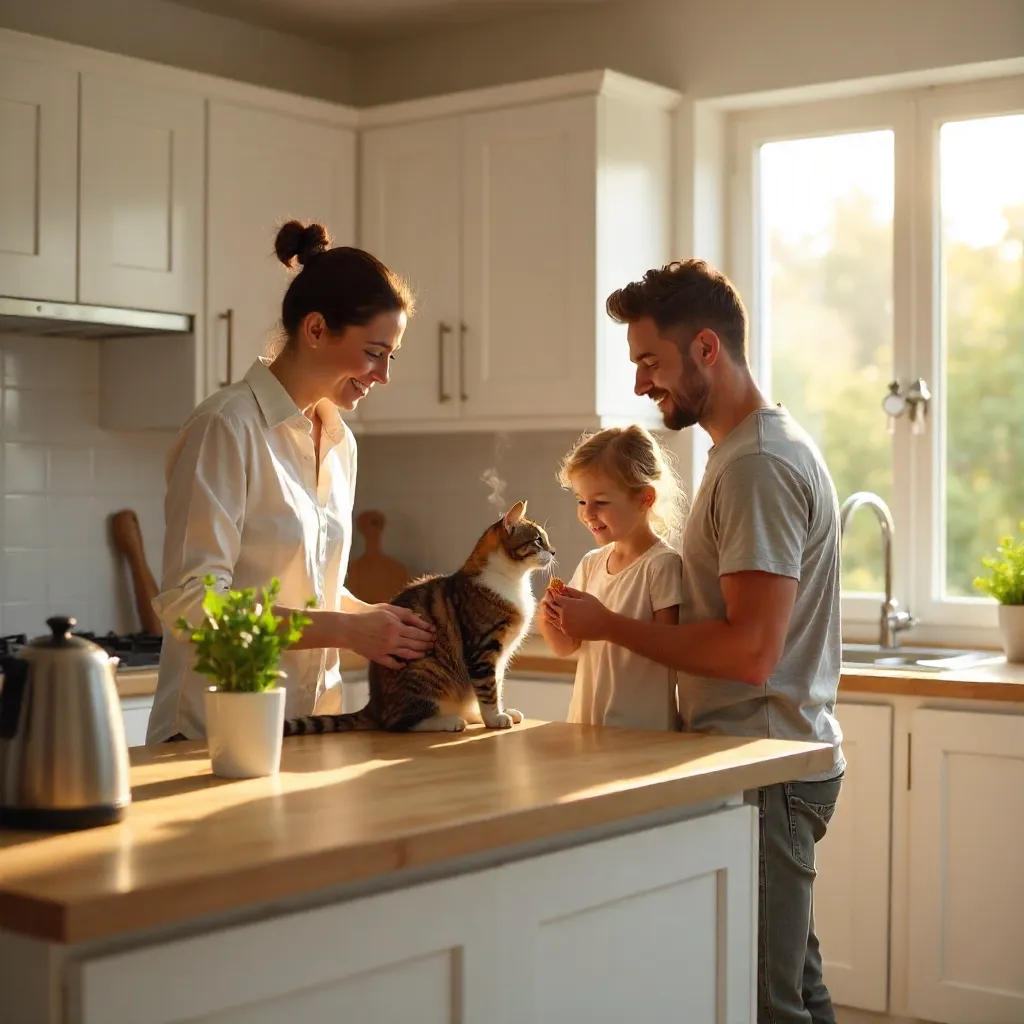 Sunlit Kitchen: Family Bonding with Their Cat