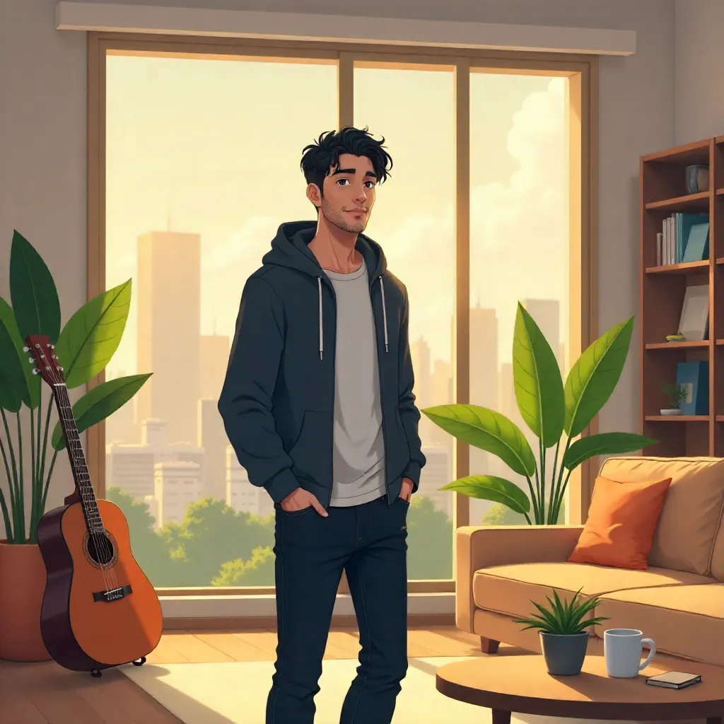 Anime Style: Young Middle Eastern Man in a Cozy Apartment