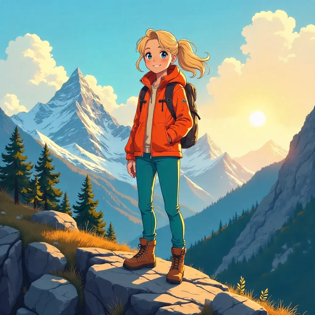 Cheerful Anime Woman in Mountain Sunrise