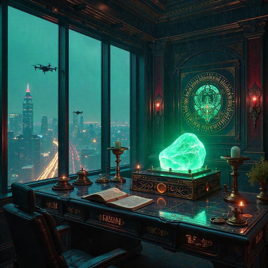 Philosopher's Stone in a Neon Cyberpunk Penthouse