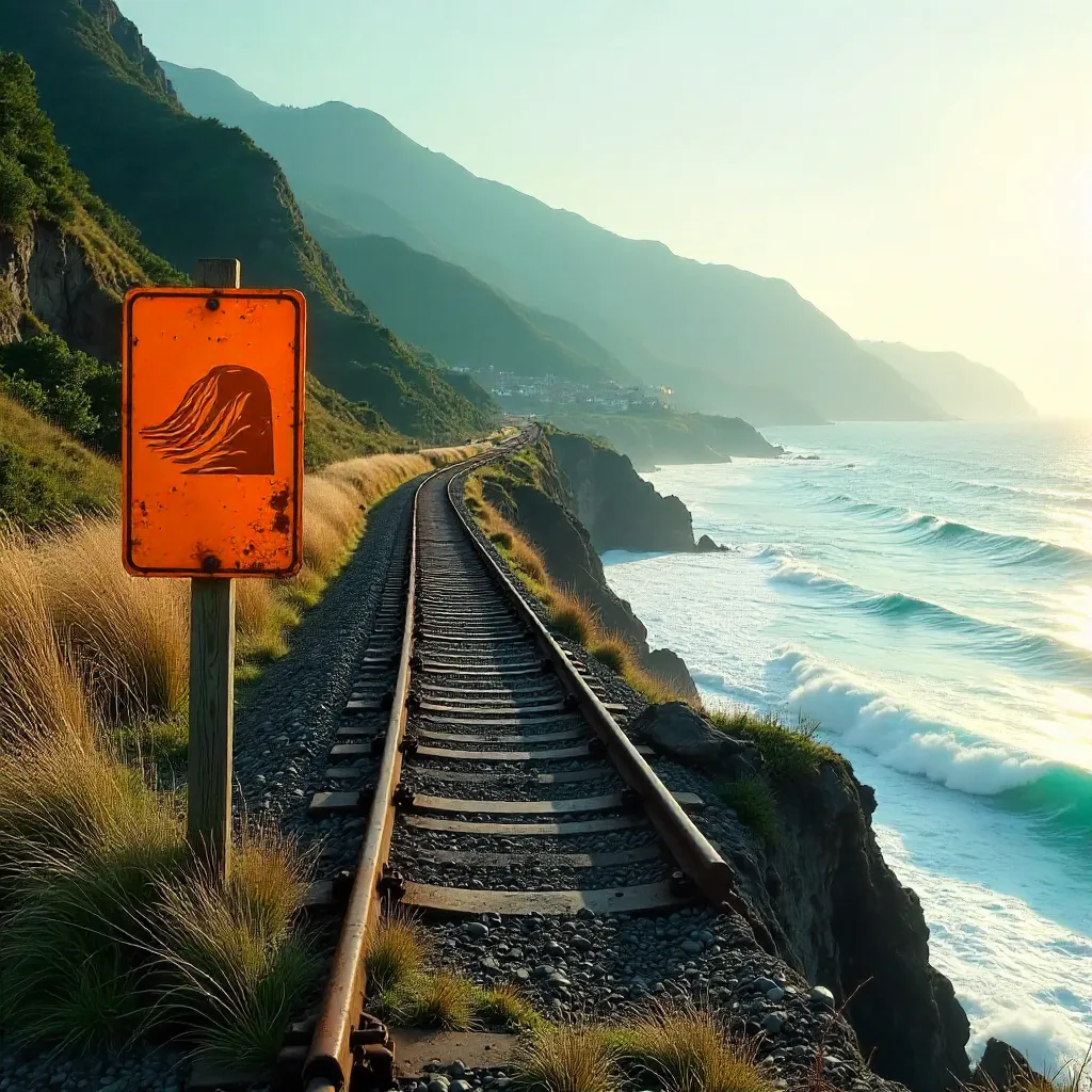 Oceanfront Railway and Erosion Sign in Taitung, Taiwan