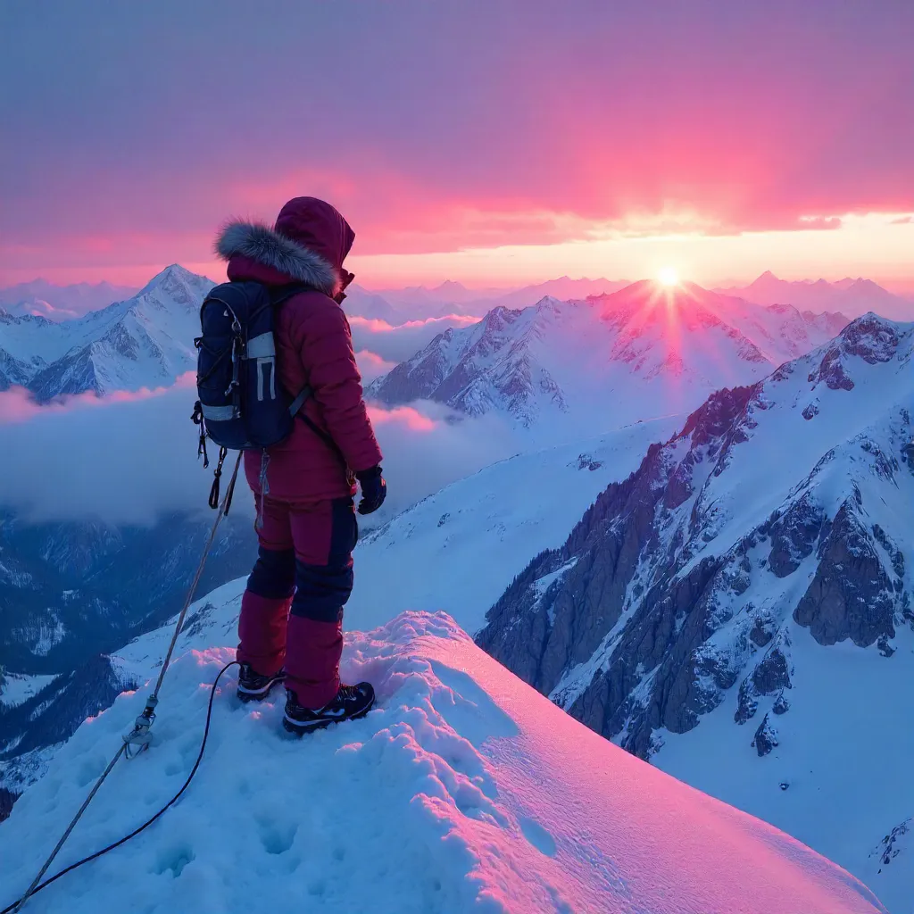 Solitary Mountaineer at a Violet Sunset