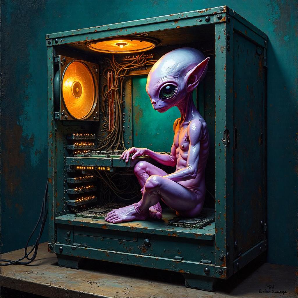 Oil Painting: Alien Inside a Computer