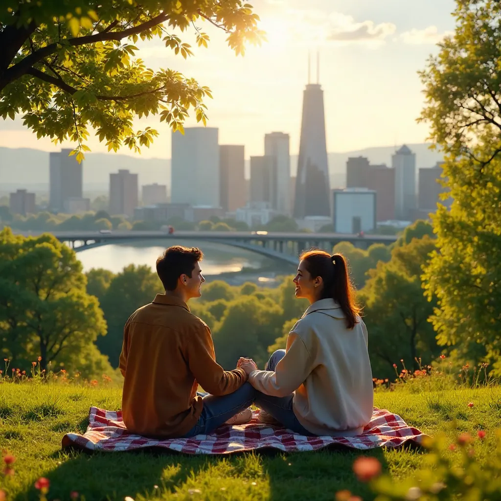 Sunlit Park Overlook: A Young Couple Amid City Greenery