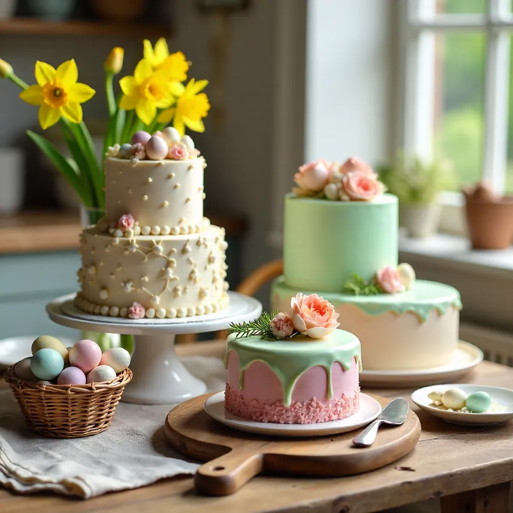 Pastel Easter Cakes on a Rustic Table