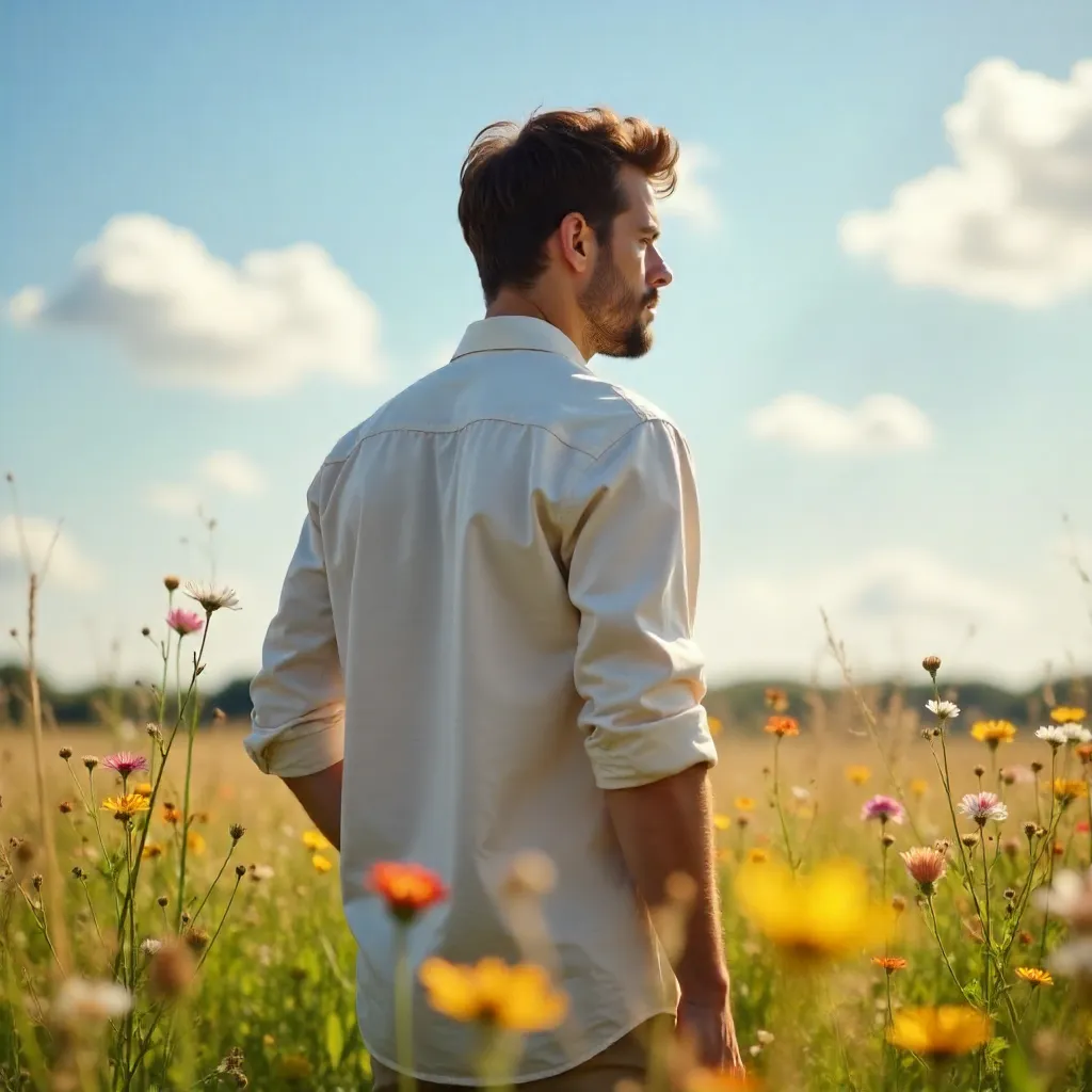 Sunlit Field: Man with Hidden Wildflowers