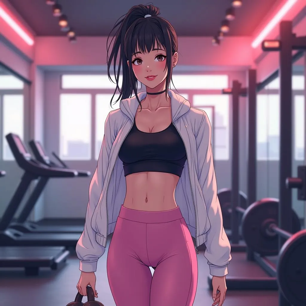 Elegant Asian Anime Girl in a Modern Gym