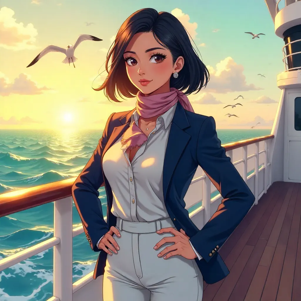 Confident Asian Woman on a Cruise Ship (Anime Style)