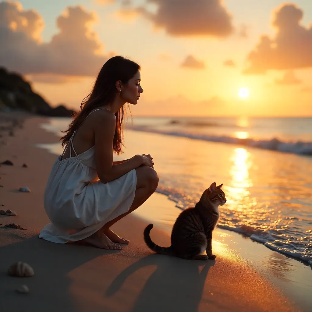 Golden Hour Bond: Woman and Cat by the Seaside