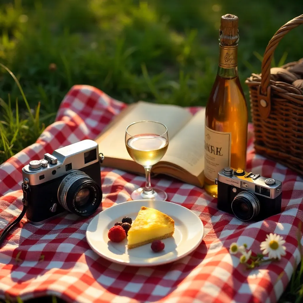 Charming Vintage Picnic: Cameras, Book, Wine & Desserts