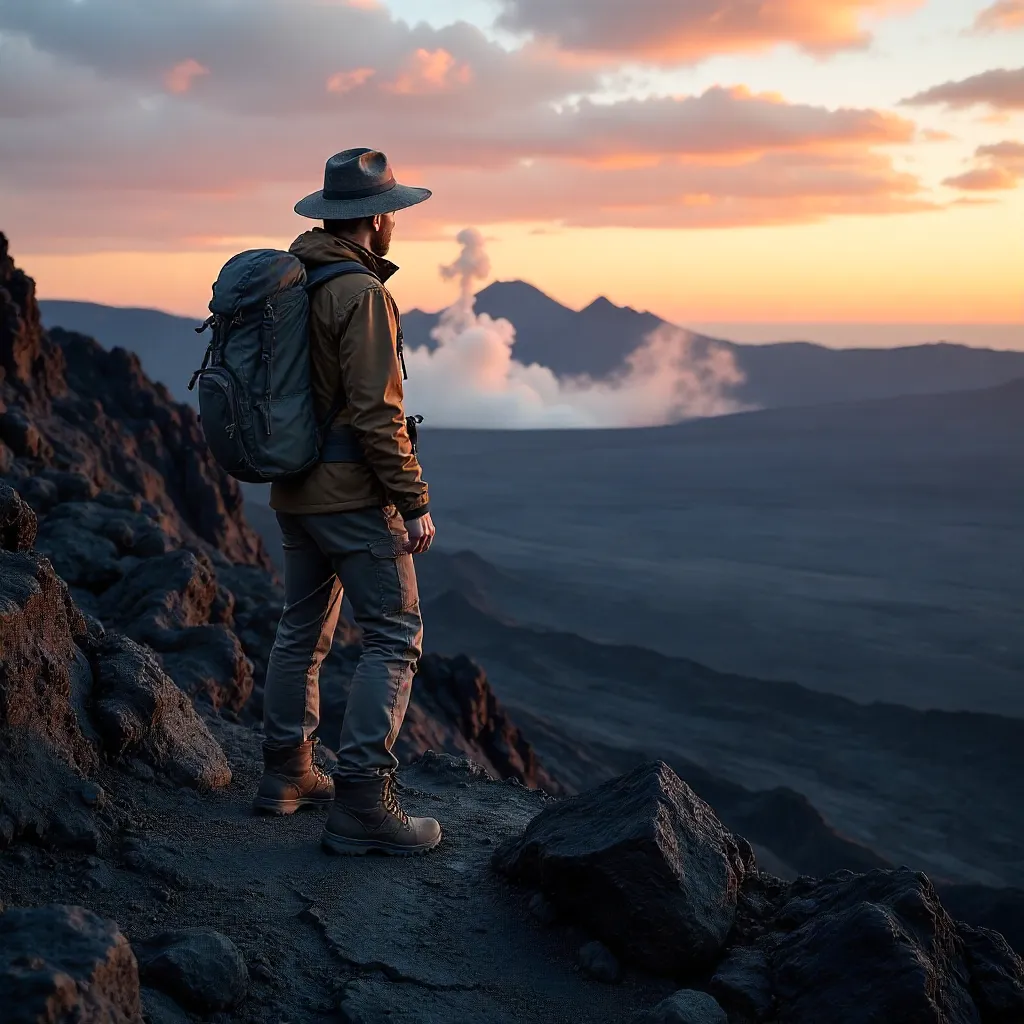 Lone Hiker on Rugged Volcanic Terrain