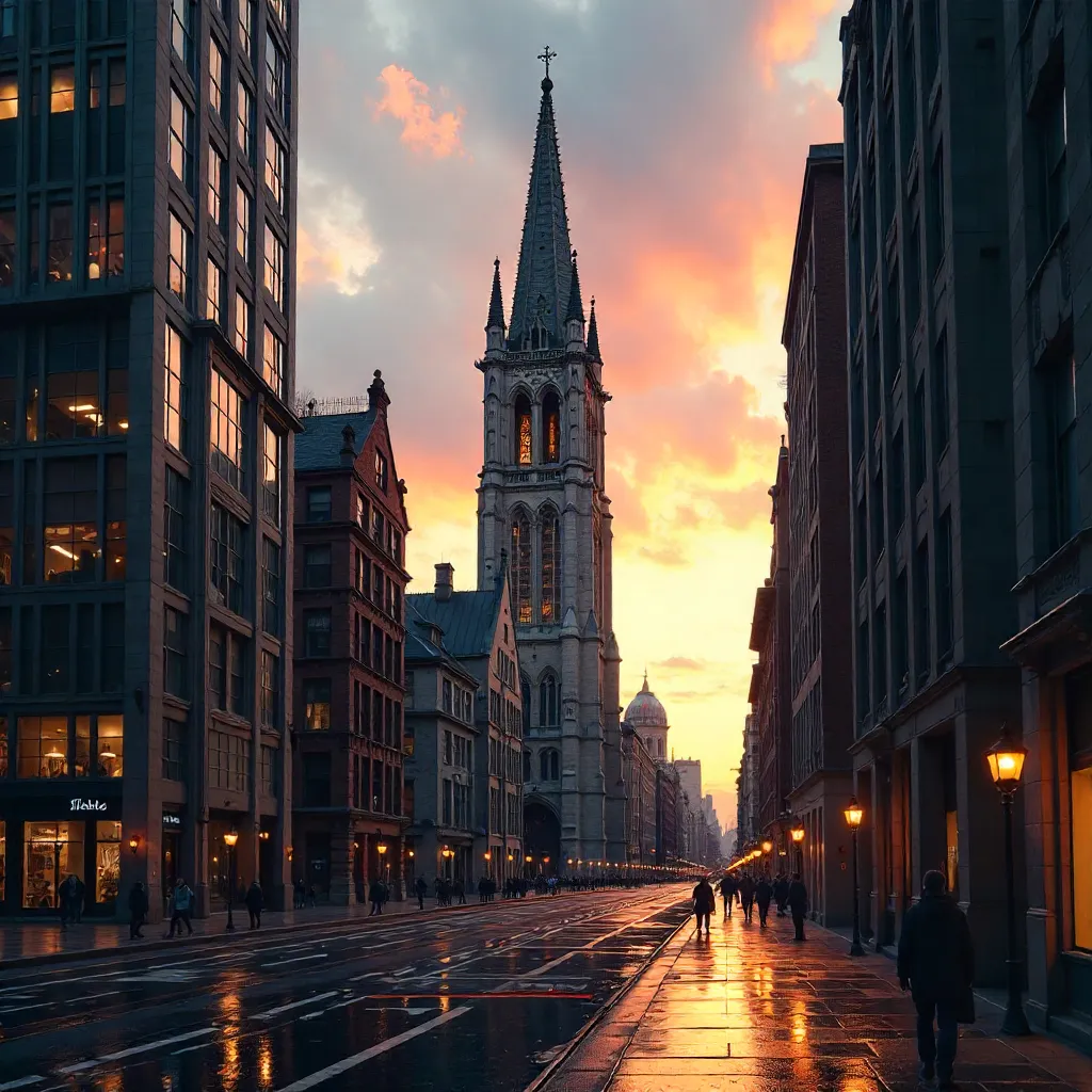 Sunset Over Gothic Tower Framed by Modern City