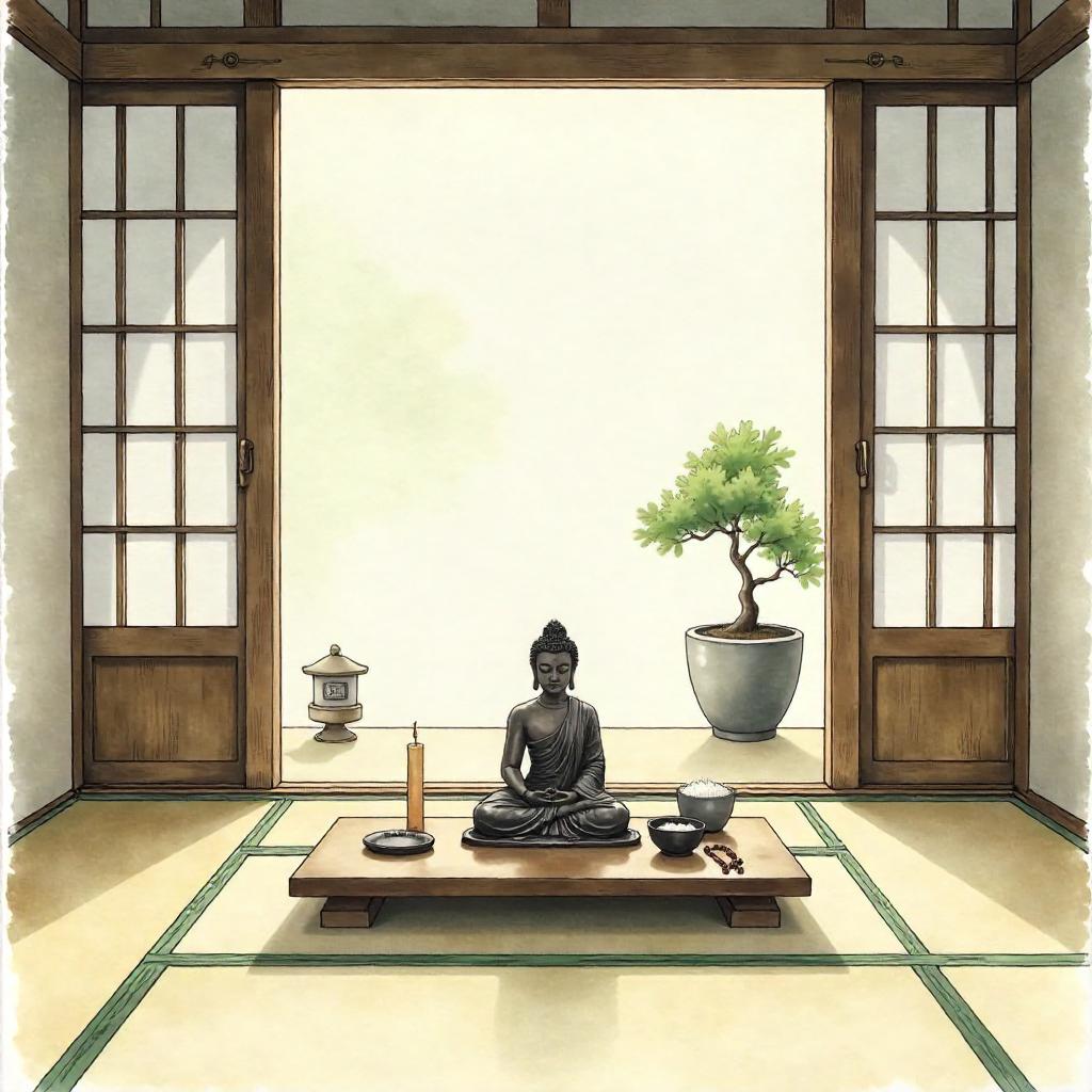 Watercolor Altar in a Zen Temple: Serene Stillness