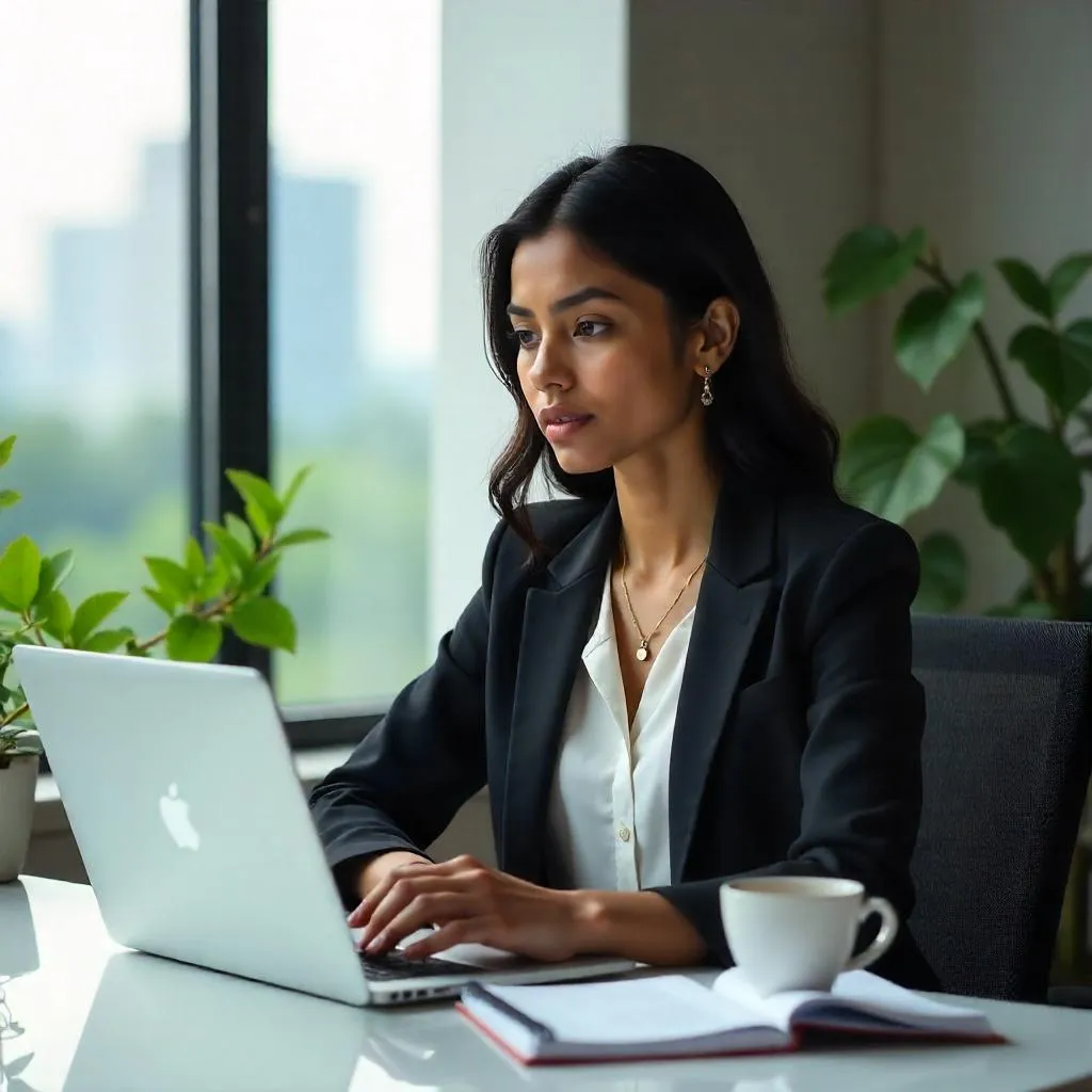 Photorealistic office portrait of a young Indian woman