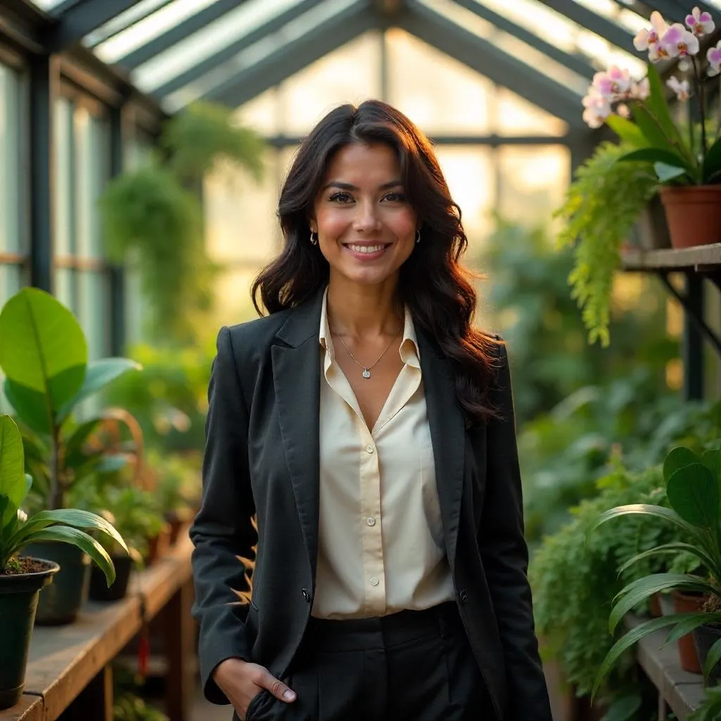 Confident Latina in a Luminous Greenhouse