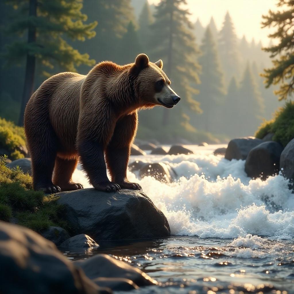 Bear by a Rushing River: 3D Render