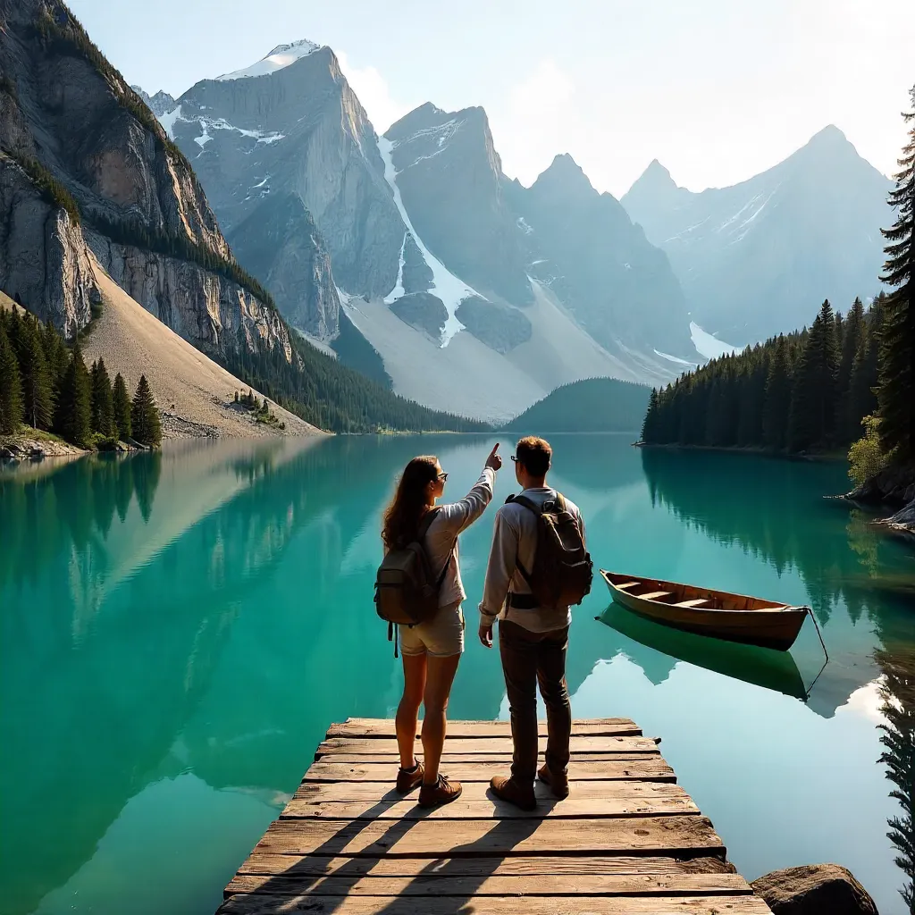Two Travelers Admire Lake Braies and Dolomites