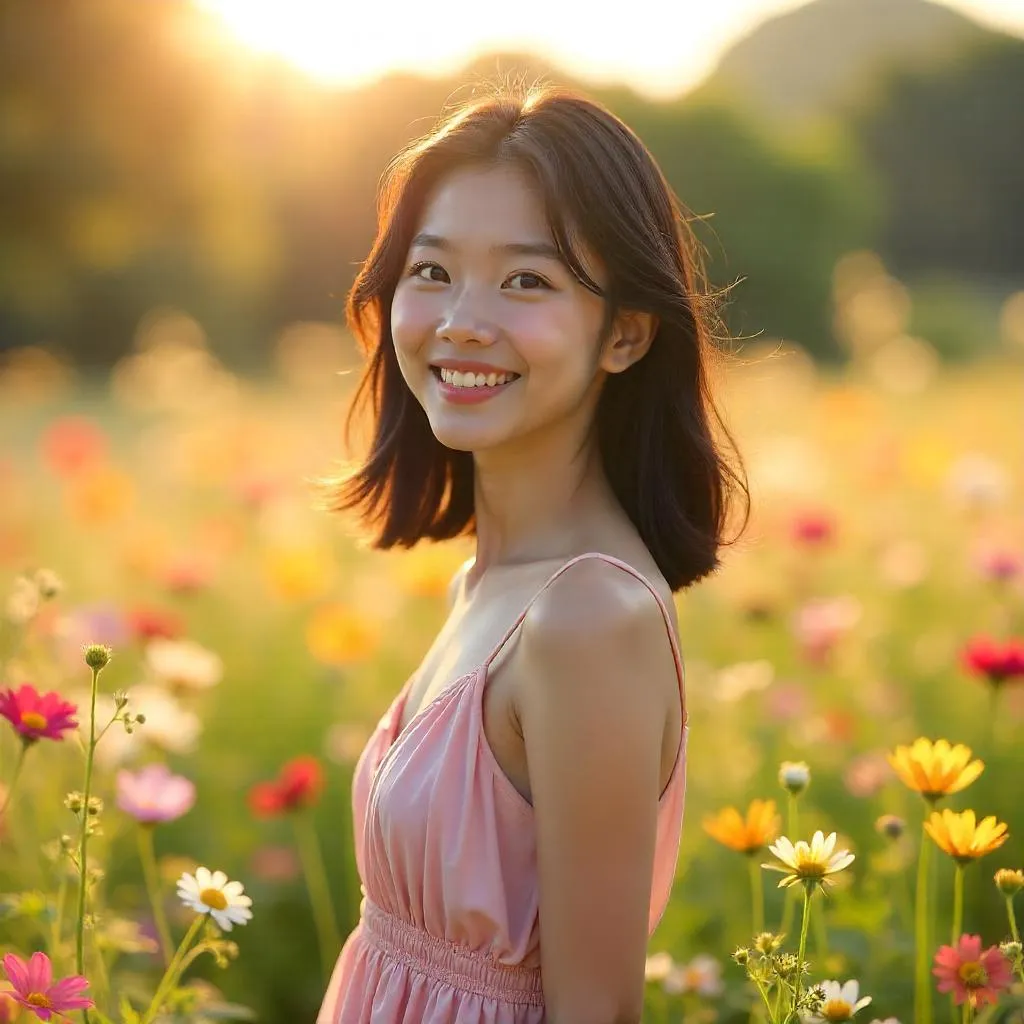 Cheerful Asian Woman in a Blooming Field