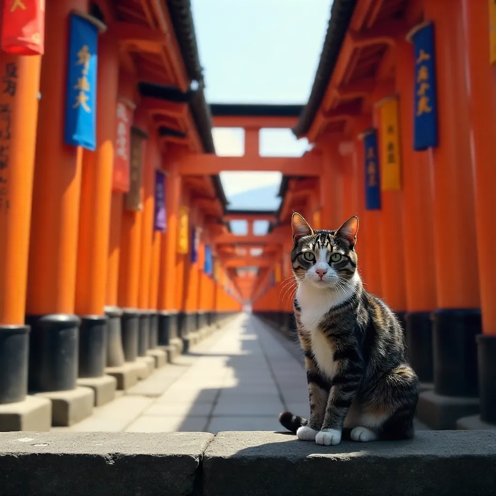 Cat at Fushimi Inari Shrine Among Vibrant Banners
