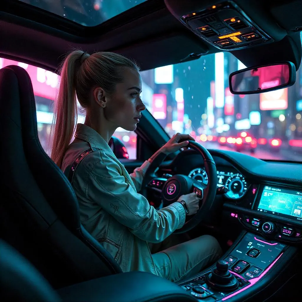 Confident White Woman in a Neon Cyberpunk Car